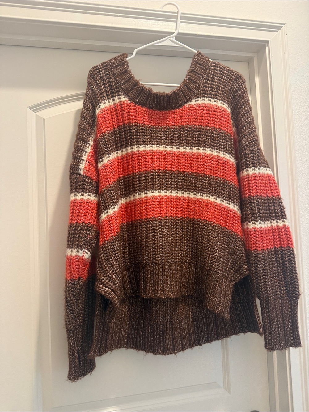 aerie Brown Sweater with Coral and Cream Stripes